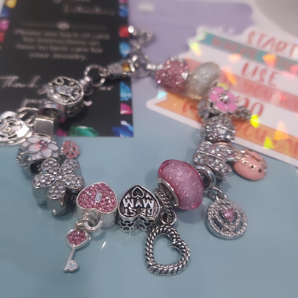 Silver and Pink Charm Bracelet